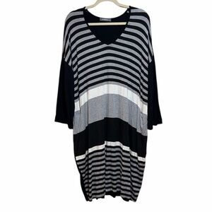 Alembika Black Gray White Stripe V-Neck Dress Lagenlook Oversized Size XS